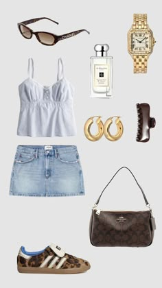 an assortment of women's clothing and accessories including shoes, sunglasses, watch, bracelets