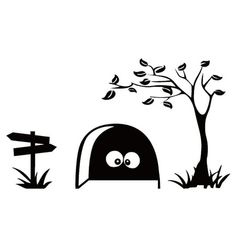 a black and white drawing of a mailbox next to a tree with eyes on it