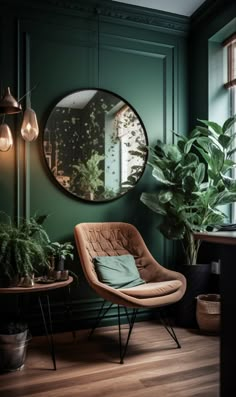 a living room with green walls and wooden flooring, a round mirror on the wall