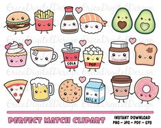 some cute food and drink cliparts on a white background, with the words perfect match