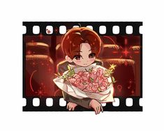 an anime character holding a bouquet of flowers in front of a film strip with red stars