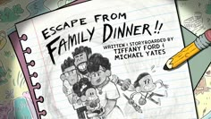 a book with an image of family dinner written on it and a pencil next to it