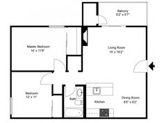 the floor plan for a one bedroom apartment with an attached kitchen and living room area