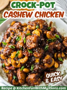 the recipe for crock pot cashew chicken is in a bowl with rice and garnish