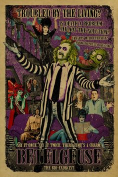 a poster for the musical beetle movie with an image of a man in striped suit and clown