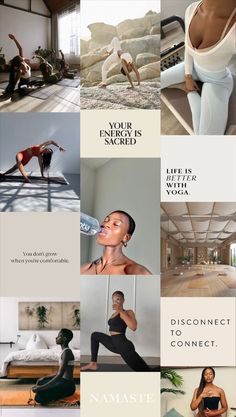 a collage of photos with the words namaste on them and images of women doing yoga