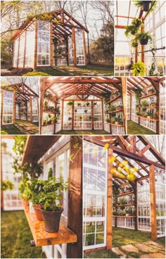 the inside of a greenhouse with many windows and plants growing in pots on each side