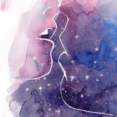 a watercolor painting of two people walking in the distance with stars on their backs