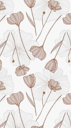 a white and brown floral wallpaper with flowers on the bottom half of each flower