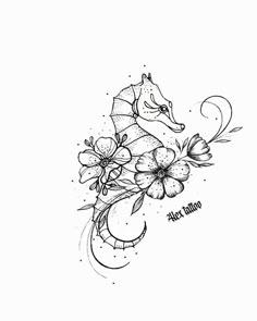 a black and white drawing of a sea horse with flowers on it's back