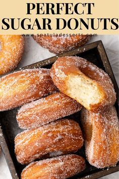 powdered sugar donuts in a box with text overlay