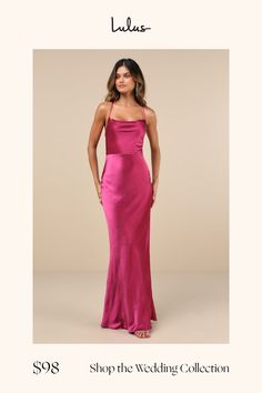 a woman in a long pink dress with the words shop the wedding collection on it