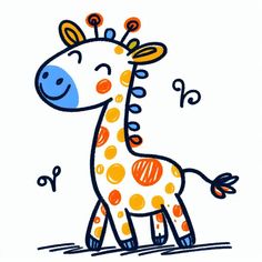 a drawing of a giraffe with orange and blue spots