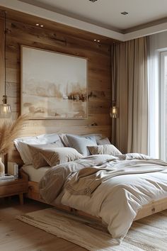 a large bed sitting next to a window in a room with wood paneled walls