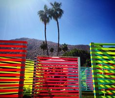 there are many different colored wooden fences in the yard with palm trees and mountains in the background