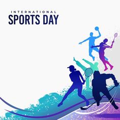 the silhouettes of tennis players are depicted in this international sports day poster, which features an abstract background