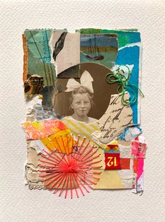 an altered photograph of a woman's face with many different things around her, including a fan