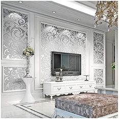 an elegant living room with white walls and decorative wallpaper, including a large tv