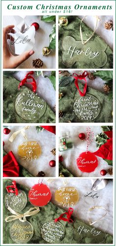 christmas ornaments are arranged on top of the table with ribbons and ribbon around them, as well as pine cones