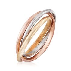 Ross-Simons - Italian Tri-Colored Sterling Silver Rolling Ring Size 6. A trio of tri-colored bands interconnects in this classic rolling ring. Crafted in Italy of sterling silver and 18kt yellow and rose gold over sterling silver. Make this affordable style part of your everyday look. 1/4" wide. Tri-colored sterling silver rolling ring. Rolling Ring, Size 10 Rings, Tri Color, Affordable Fashion, Everyday Look, Rolls, Ring Size, Rose Gold, Band