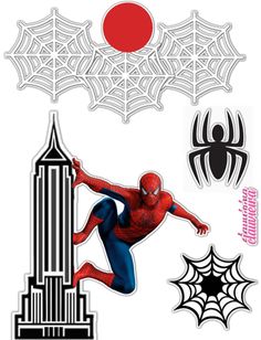 spiderman stickers on the back of a white background with black and red accents