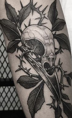 a black and white photo of a skull with leaves on it's thigh,