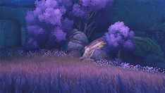 a painting of purple trees and rocks in a field with lavender flowers on the ground