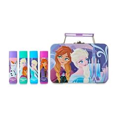 The Disney Frozen Flavored Lip Balm set comes in a sweet storage tin. This fun set includes 4 fruity lip balms in the flavors of bubble gum, watermelon, grape, and cotton candy, along with a tin storage case to tote around everywhere your little one goes. Our lip balm formulas are carefully crafted for girls ages 3 and up. They are non-toxic, safe to use, and are made with naturally derived ingredients such as olive oil, rice oil, and jojoba oil. These lip balms are just fun to use and cute to look at, but they also will keep your little one's lips fully moisturized to last her throughout the day. And the fruity flavors are just the perfect addition. Now her lips will look cool and moisturized, making her full of Girl Power which is what every Frozen fan wants! These shimmery lip balms wil Lilo And Stitch Lip Gloss, Disney Cosmetics, Disney Makeup Collection, Disney Lip Balm, Colourpop Disney Princess Lipstick, Lip Balm Tin, Lip Balm Set, Flavored Lip Balm, Crafts For Girls