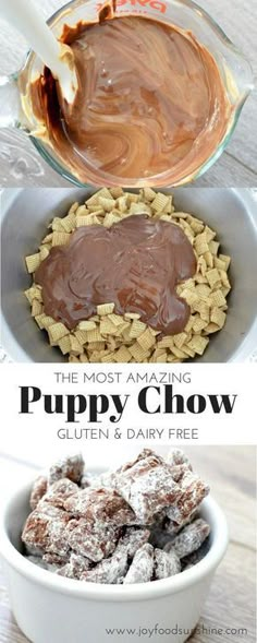 the most amazing puppy chow recipe is made with gluen and dairy - free