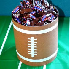 a football themed candy box filled with chocolate