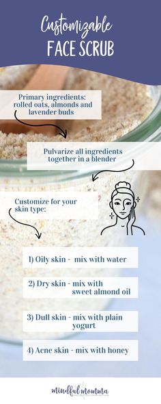 This simple homemade face scrub powder made with oats, almonds and lavender is customizable by mixing in the wet ingredients that work best for your skin type or skin condition. | natural beauty products | #DIY #beauty #homemade Oatmeal Face Scrub, Homemade Face Scrub, Herbal Kitchen, Beauty Products Diy, Face And Body Scrub, Face Body Scrub