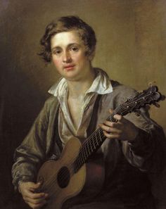 a painting of a young man holding a ukulele in his right hand and looking at the camera