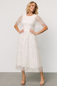 Kendra Embroidered Dress | White 90s Mom Outfit, Eternal Marriage, Destination Dress, White Embroidered Dress, Baltic Born, Tulle Sleeves, Fall Winter Dresses, Embroidered Tulle, Romper Outfit