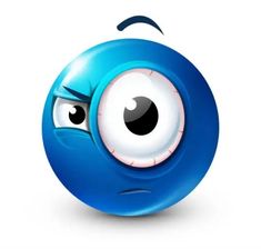 an evil looking blue ball with big eyes