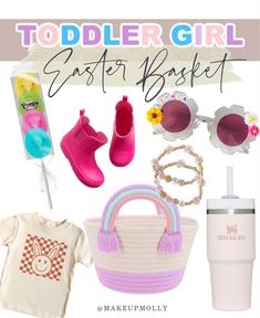 a group of items that include shoes, sunglasses and a cup with the words toddler girl easter basket