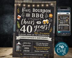 a chalkboard sign that says cheers to 40 years with lights around it and a phone next to it