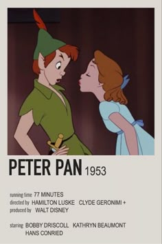 peter pan 1953 poster with the character as peter pan and his wife, mary geroni