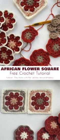 the crochet flower square is made with two different colors and has been placed on top