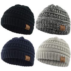 three hats with leather tags on them, one is grey and the other is black