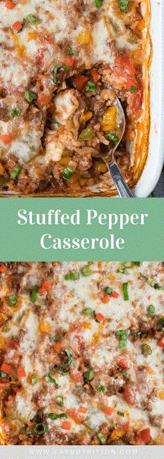 stuffed pepper casserole in a white dish with a serving spoon