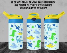 three children's water bottles with dinosaurs and stars on them, one has a yellow lid