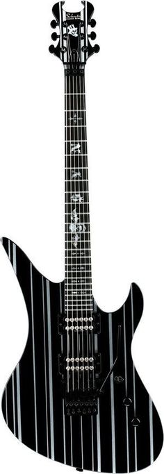 an electric guitar with black and white stripes on it's body, in front of a white background