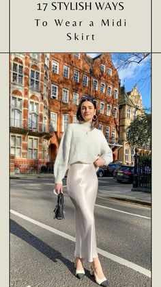 Champagne Midi Skirt Outfit, Champagne Slip Skirt Outfit, Styling Satin Midi Skirt, Cream Skirt Outfit Winter, A Line Midi Skirt Outfit, Champagne Skirt Outfit, Champagne Satin Skirt Outfit, How To Style A Silk Skirt, Cream Skirt Outfit