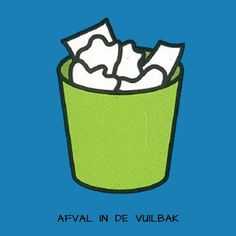 a green trash can filled with paper in front of a blue background and the words, affain de vullibak