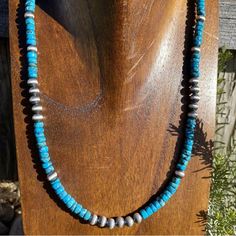 Sterling Silver Turquoise W Navajo Pearls Bead Necklace. 18 Inch Handmade Rustic Turquoise Necklace, Handmade Rustic Blue Turquoise Necklace, Rustic Handmade Blue Turquoise Necklace, Southwestern Turquoise Necklaces With Silver Beads, Southwestern Turquoise Necklace With Silver Beads, Southwestern Blue Turquoise Necklace With Silver Beads, Southwestern Style Blue Turquoise Necklace With Silver Beads, Blue Turquoise Necklace With Silver Beads Artisan Style, Western Style Blue Beaded Turquoise Necklace