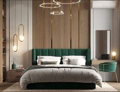 a bedroom with a green headboard and white bedding