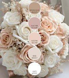 a bridal bouquet with different shades of pink, white and beige roses on it