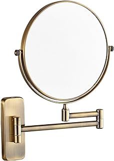 a wall mounted magnifying mirror on a metal holder with an adjustable armrest