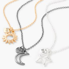 Claire's Best Friends Mixed Metal Cosmic Pendant Necklaces - 3 Pack Necklace For 3 Friends, Necklaces For 3 Friends, Matching Jewelry For 3 Best Friends, 3 Friendship Necklaces, Necklace For Friends, Three Way Best Friend Necklaces, Best Friend Jewelry For 3, Three Best Friends Necklace, Trio Friendship Necklace