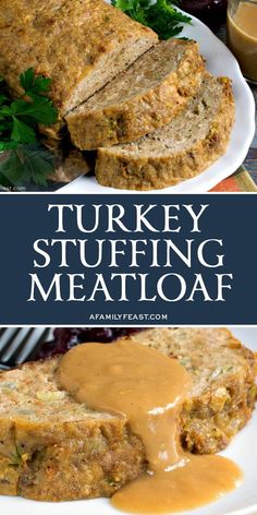 turkey stuffing meatloaf on a white plate with gravy